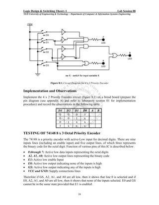 Logic Design & Switching Theory 1                                                       Lab Session 08
NED University of Engineering & Technology – Department of Computer & Information Systems Engineering




                         Figure 8.1: Circuit Diagram for 4 x 2 Priority Encoder


Implementation and Observations
Implement the 4 x 2 Priority Encoder circuit (figure 8.1) on a bread board (prepare the
pin diagram (use appendix A) and refer to laboratory session 01 for implementation
procedure) and record the observations in the following table.

                                D3      D2      D1      D0     A     B
                                0        0       0      1
                                0        0       1      x
                                0        1       x      x
                                1        x       x      x

TESTING OF 74148 8 x 3 Octal Priority Encoder
The 74148 is a priority encoder with active-Low input for decimal digits. There are nine
inputs lines (including an enable input) and five output lines, of which three represents
the binary code for the octal digit. Function of various pins of this IC is described below:
•   0 through 7: Active low data inputs representing the octal digits
•   A2, A1, A0: Active low output lines representing the binary code
•   E1: Active low enable Input
•   E0: Active low output indicating none of the inputs is high
•   GS: Active low output indicating any of the inputs is high
•   VCC and GND: Supply connections lines
Therefore if GS, A2, A1, and A0 are all low, then it shows that line 0 is selected and if
E0, A2, A1, and A0 are all low, then it shows that none of the inputs selected. E0 and GS
cannot be in the same state provided that E1 is enabled.


                                                   39
 