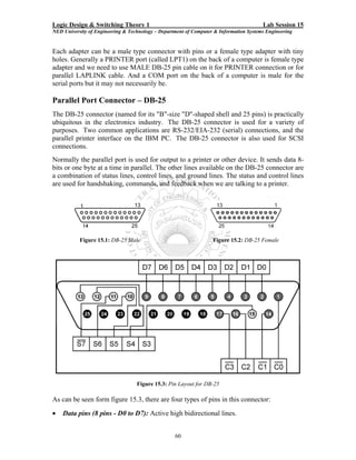 Logic Design & Switching Theory 1                                                       Lab Session 15
NED University of Engineering & Technology – Department of Computer & Information Systems Engineering


Each adapter can be a male type connector with pins or a female type adapter with tiny
holes. Generally a PRINTER port (called LPT1) on the back of a computer is female type
adapter and we need to use MALE DB-25 pin cable on it for PRINTER connection or for
parallel LAPLINK cable. And a COM port on the back of a computer is male for the
serial ports but it may not necessarily be.

Parallel Port Connector – DB-25
The DB-25 connector (named for its "B"-size "D"-shaped shell and 25 pins) is practically
ubiquitous in the electronics industry. The DB-25 connector is used for a variety of
purposes. Two common applications are RS-232/EIA-232 (serial) connections, and the
parallel printer interface on the IBM PC. The DB-25 connector is also used for SCSI
connections.
Normally the parallel port is used for output to a printer or other device. It sends data 8-
bits or one byte at a time in parallel. The other lines available on the DB-25 connector are
a combination of status lines, control lines, and ground lines. The status and control lines
are used for handshaking, commands, and feedback when we are talking to a printer.




           Figure 15.1: DB-25 Male                                 Figure 15.2: DB-25 Female




                                   Figure 15.3: Pin Layout for DB-25

As can be seen form figure 15.3, there are four types of pins in this connector:
•   Data pins (8 pins - D0 to D7): Active high bidirectional lines.


                                                   60
 