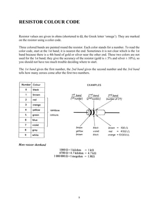 RESISTOR COLOUR CODE

Resistor values are given in ohms (shortened to Ω, the Greek letter ‘omega’). They are marked
on the resistor using a color code.

Three colored bands are painted round the resistor. Each color stands for a number. To read the
color code, start at the 1st band; it is nearest the end. Sometimes it is not clear which is the 1st
band because there is a 4th band of gold or silver near the other end. These two colors are not
used for the 1st band; they give the accuracy of the resistor (gold is ± 5% and silver ± 10%), so
you should not have too much trouble deciding where to start.

The 1st band gives the first number, the 2nd band gives the second number and the 3rd band
tells how many zeroes come after the first two numbers.




                                                 8
 