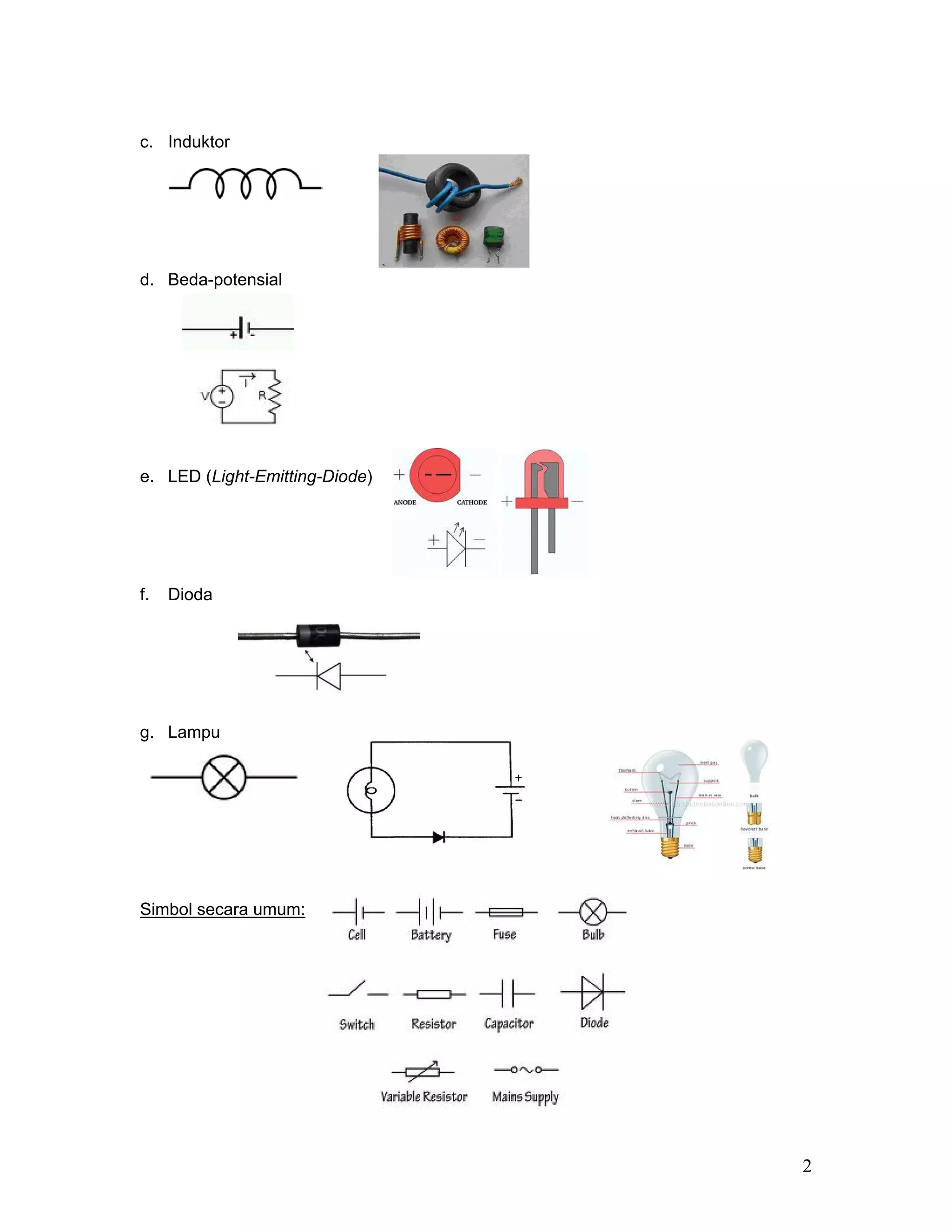 c. Induktor




d. Beda-potensial




e. LED (Light-Emitting-Diode)




f.   Dioda




g. Lampu




Simbol secara umum:




                                2
 