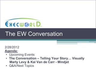 The EW Conversation

2/28/2012
Agenda:
 • Upcoming Events
 • The Conversation – Telling Your Story… Visually
   Marty Levy & Kai Van de Carr - Mindjet
 • Q&A/Next Topics
 