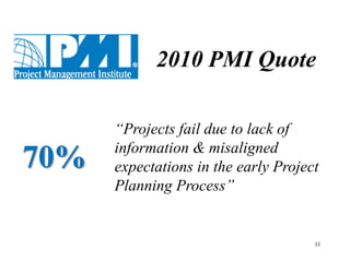 2010 PMI Quote

      ―Projects fail due to lack of
      information & misaligned
70%   expectations in the early Project
      Planning Process‖


                                      11
 