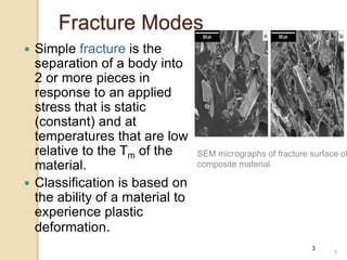 3
3
Fracture Modes
 Simple fracture is the
separation of a body into
2 or more pieces in
response to an applied
stress that is static
(constant) and at
temperatures that are low
relative to the Tm of the
material.
 Classification is based on
the ability of a material to
experience plastic
deformation.
SEM micrographs of fracture surface of
composite material
 