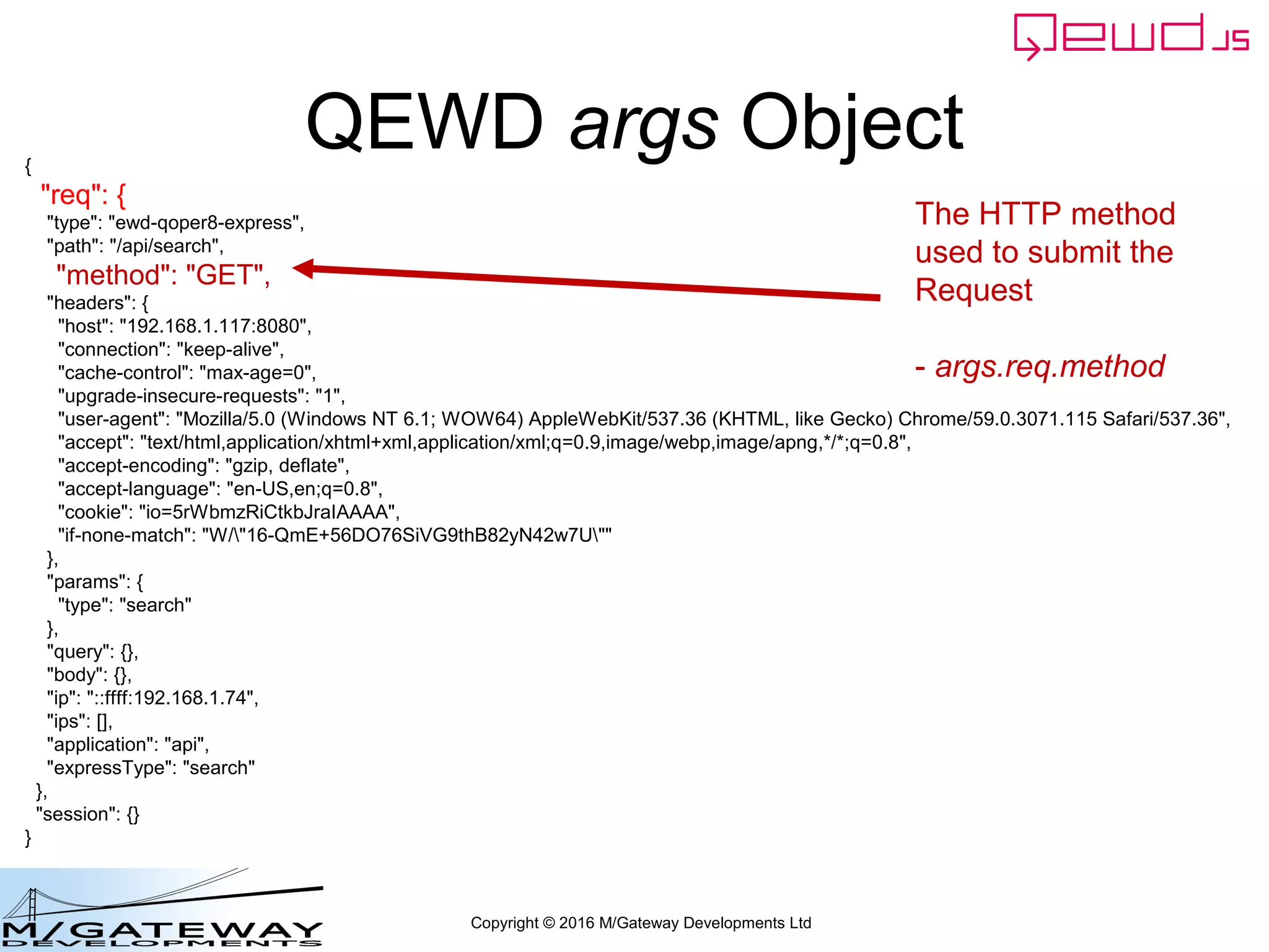 Copyright © 2016 M/Gateway Developments Ltd
QEWD args Object{
"req": {
"type": "ewd-qoper8-express",
"path": "/api/search",
"method": "GET",
"headers": {
"host": "192.168.1.117:8080",
"connection": "keep-alive",
"cache-control": "max-age=0",
"upgrade-insecure-requests": "1",
"user-agent": "Mozilla/5.0 (Windows NT 6.1; WOW64) AppleWebKit/537.36 (KHTML, like Gecko) Chrome/59.0.3071.115 Safari/537.36",
"accept": "text/html,application/xhtml+xml,application/xml;q=0.9,image/webp,image/apng,*/*;q=0.8",
"accept-encoding": "gzip, deflate",
"accept-language": "en-US,en;q=0.8",
"cookie": "io=5rWbmzRiCtkbJraIAAAA",
"if-none-match": "W/"16-QmE+56DO76SiVG9thB82yN42w7U""
},
"params": {
"type": "search"
},
"query": {},
"body": {},
"ip": "::ffff:192.168.1.74",
"ips": [],
"application": "api",
"expressType": "search"
},
"session": {}
}
The HTTP method
used to submit the
Request
- args.req.method
 