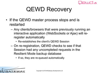 Copyright © 2016 M/Gateway Developments Ltd
QEWD Recovery
• If the QEWD master process stops and is
restarted
– Any client...