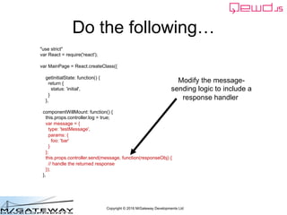 Copyright © 2016 M/Gateway Developments Ltd
Do the following…
"use strict"
var React = require('react');
var MainPage = React.createClass({
getInitialState: function() {
return {
status: 'initial',
}
},
componentWillMount: function() {
this.props.controller.log = true;
var message = {
type: 'testMessage',
params: {
foo: 'bar'
}
};
this.props.controller.send(message, function(responseObj) {
// handle the returned response
});
},
Modify the message-
sending logic to include a
response handler
 