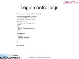 Copyright © 2016 M/Gateway Developments Ltd
Login-controller.js
module.exports = function (controller, component) {
compon...