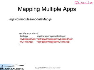 Copyright © 2016 M/Gateway Developments Ltd
Mapping Multiple Apps
module.exports = {
testapp: '/opt/qewd/mapped/testapp',
...