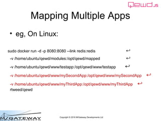 Copyright © 2016 M/Gateway Developments Ltd
Mapping Multiple Apps
• eg, On Linux:
sudo docker run -d -p 8080:8080 --link r...