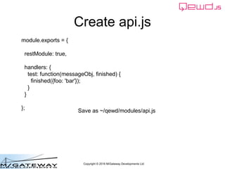 Copyright © 2016 M/Gateway Developments Ltd
Create api.js
module.exports = {
restModule: true,
handlers: {
test: function(...