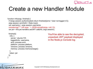Copyright © 2016 M/Gateway Developments Ltd
Create a new Handler Module
function info(args, finished) {
args.session.ranIn...