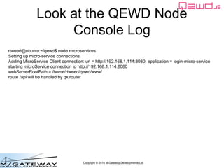 Copyright © 2016 M/Gateway Developments Ltd
Look at the QEWD Node
Console Log
rtweed@ubuntu:~/qewd$ node microservices
Set...