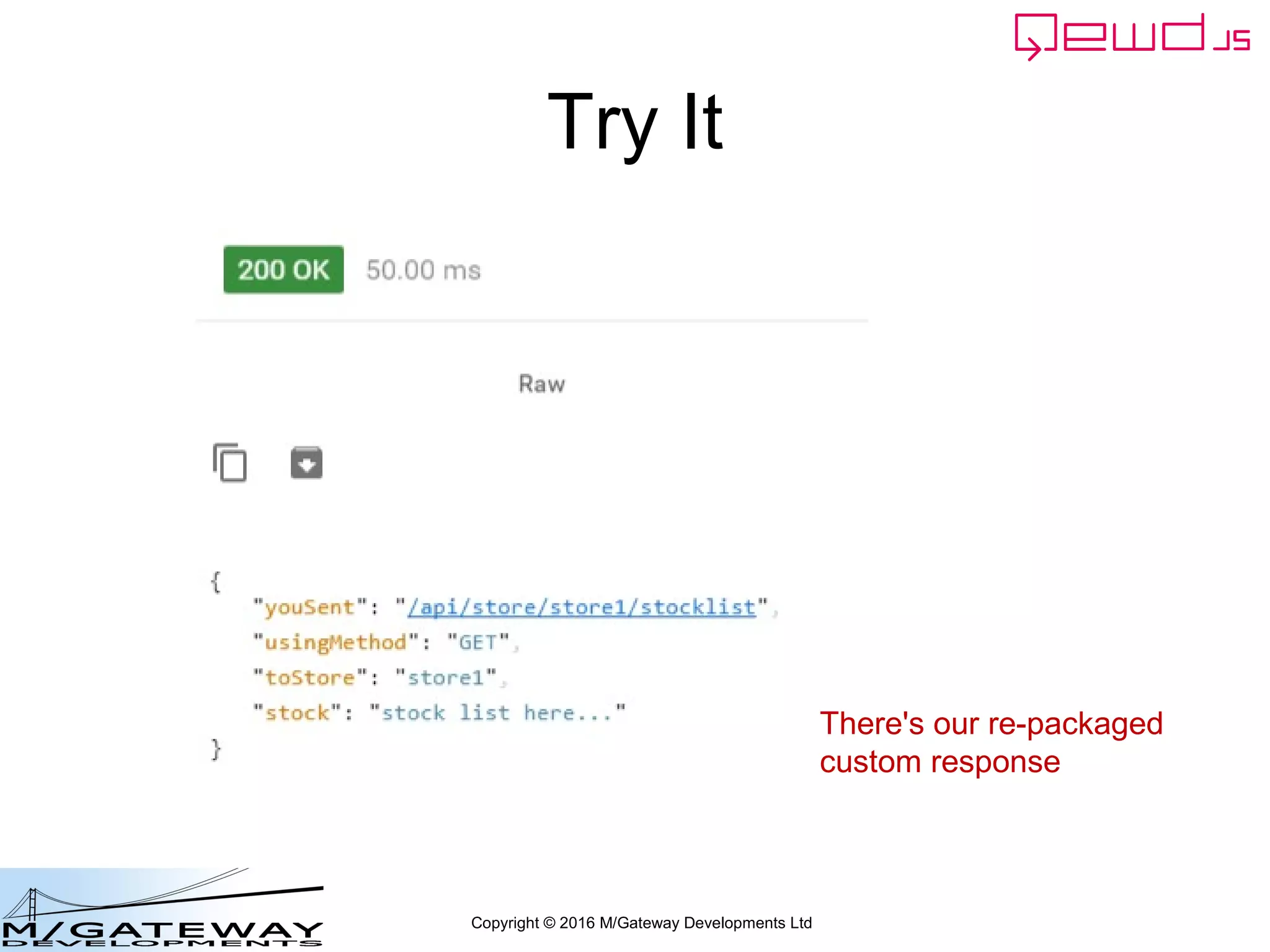Copyright © 2016 M/Gateway Developments Ltd
Try It
There's our re-packaged
custom response
 