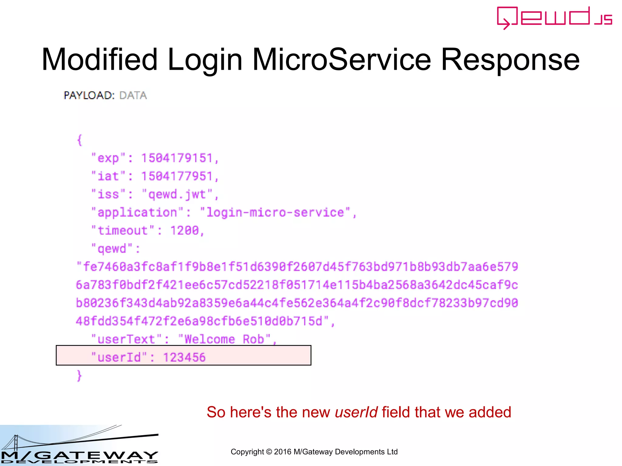 Copyright © 2016 M/Gateway Developments Ltd
Modified Login MicroService Response
So here's the new userId field that we added
 