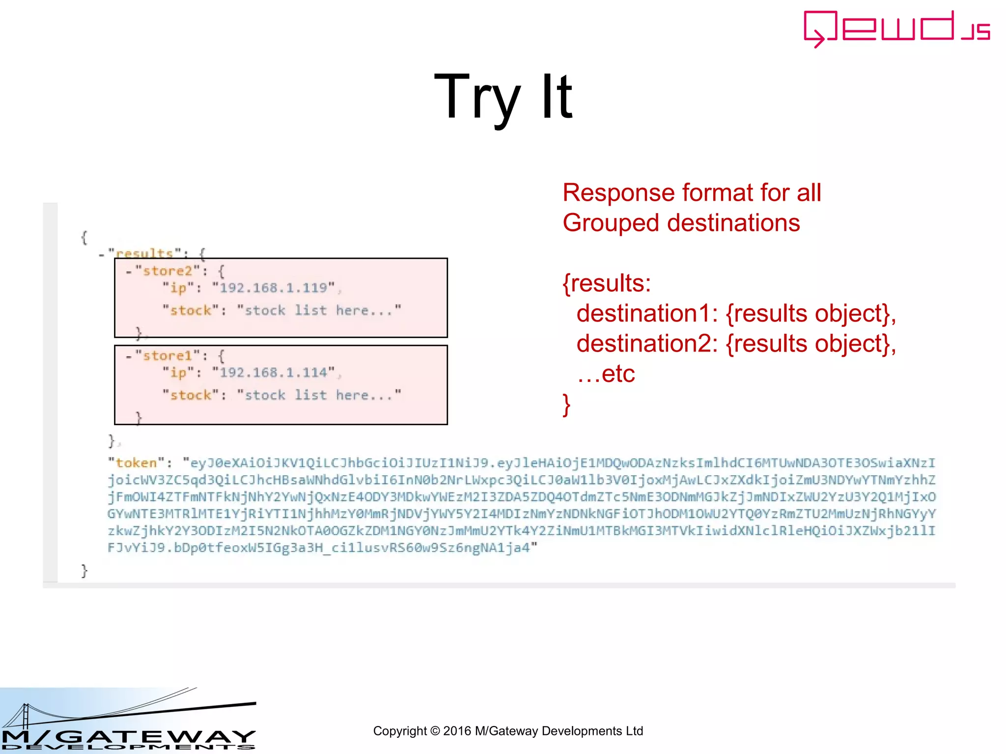 Copyright © 2016 M/Gateway Developments Ltd
Try It
Response format for all
Grouped destinations
{results:
destination1: {results object},
destination2: {results object},
…etc
}
 
