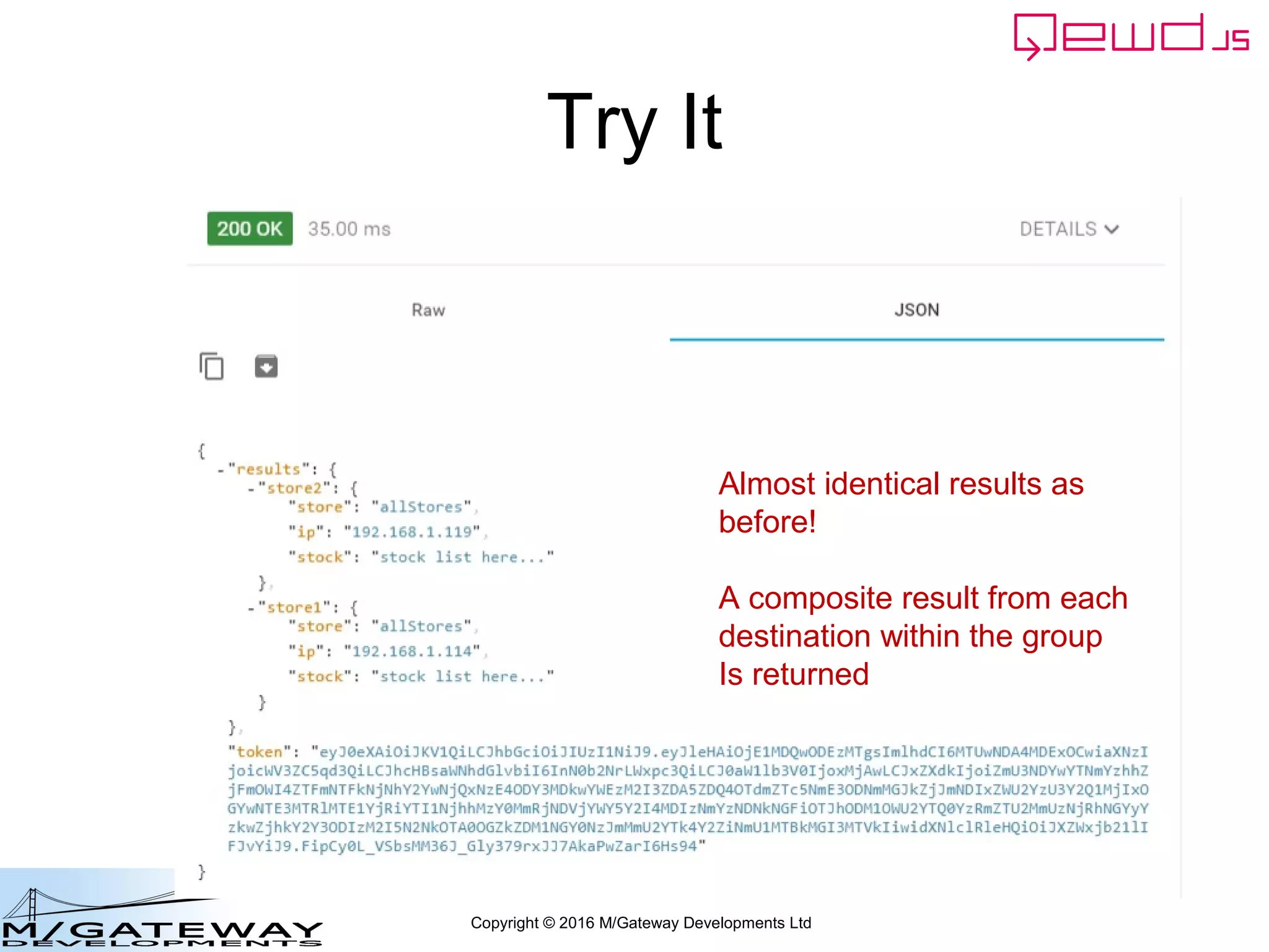 Copyright © 2016 M/Gateway Developments Ltd
Try It
Almost identical results as
before!
A composite result from each
destination within the group
Is returned
 