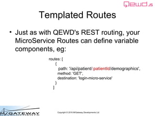 Copyright © 2016 M/Gateway Developments Ltd
Templated Routes
• Just as with QEWD's REST routing, your
MicroService Routes ...