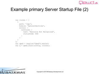 Copyright © 2016 M/Gateway Developments Ltd
Example primary Server Startup File (2)
var routes = [
{
path: '/api',
module:...