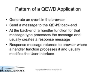 Copyright © 2016 M/Gateway Developments Ltd
Pattern of a QEWD Application
• Generate an event in the browser
• Send a mess...