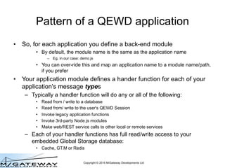 Copyright © 2016 M/Gateway Developments Ltd
Pattern of a QEWD application
• So, for each application you define a back-end...