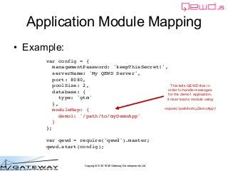 Copyright © 2016 M/Gateway Developments Ltd
Application Module Mapping
• Example:
var config = {
managementPassword: 'keep...