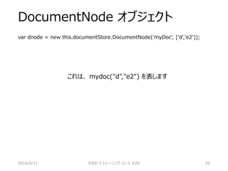 DocumentNode オブジェクト
var dnode = new this.documentStore.DocumentNode('myDoc', ['d','e2']);
これは、 mydoc("d","e2") を表します
2016/9/11 EWD 3 トレーニング・コース #20 25
 