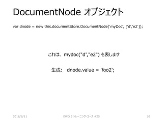 DocumentNode オブジェクト
var dnode = new this.documentStore.DocumentNode('myDoc', ['d','e2']);
これは、 mydoc("d","e2") を表します
生成: dnode.value = 'foo2';
2016/9/11 EWD 3 トレーニング・コース #20 26
 