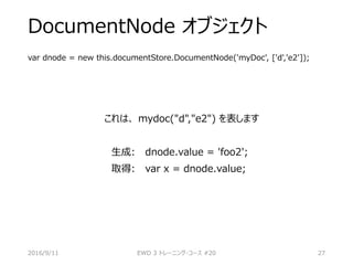 DocumentNode オブジェクト
var dnode = new this.documentStore.DocumentNode('myDoc', ['d','e2']);
これは、 mydoc("d","e2") を表します
生成: dnode.value = 'foo2';
取得: var x = dnode.value;
2016/9/11 EWD 3 トレーニング・コース #20 27
 