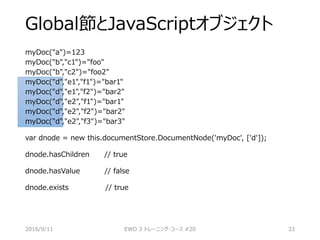 Global節とJavaScriptオブジェクト
myDoc("a")=123
myDoc("b","c1")="foo"
myDoc("b","c2")="foo2"
myDoc("d","e1","f1")="bar1"
myDoc("d","e1","f2")="bar2"
myDoc("d","e2","f1")="bar1"
myDoc("d","e2","f2")="bar2"
myDoc("d","e2","f3")="bar3"
var dnode = new this.documentStore.DocumentNode('myDoc', ['d']);
dnode.hasChildren // true
dnode.hasValue // false
dnode.exists // true
2016/9/11 EWD 3 トレーニング・コース #20 33
 
