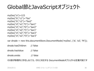 Global節とJavaScriptオブジェクト
myDoc("a")=123
myDoc("b","c1")="foo"
myDoc("b","c2")="foo2"
myDoc("d","e1","f1")="bar1"
myDoc("d","e1","f2")="bar2"
myDoc("d","e2","f1")="bar1"
myDoc("d","e2","f2")="bar2"
myDoc("d","e2","f3")="bar3"
var dnode = new this.documentStore.DocumentNode('myDoc', ['d', 'e2', 'f4']);
dnode.hasChildren // false
dnode.hasValue // false
dnode.exists // false
その節が物理的に存在しなくても、それに対応する DocumentNodeオブジェクトは定義可能です
2016/9/11 EWD 3 トレーニング・コース #20 36
 