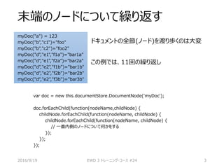 末端のノードについて繰り返す
myDoc("a") = 123
myDoc("b","c1")="foo"
myDoc("b","c2")="foo2"
myDoc("d","e1","f1a")="bar1a"
myDoc("d","e1","f2a")="bar2a"
myDoc("d","e2","f1b")="bar1b"
myDoc("d","e2","f2b")="bar2b"
myDoc("d","e2","f3b")="bar3b"
ドキュメントの全節(ノード)を渡り歩くのは大変
この例では、11回の繰り返し
2016/9/19 EWD 3 トレーニング・コース #24 3
var doc = new this.documentStore.DocumentNode('myDoc');
doc.forEachChild(function(nodeName,childNode) {
childNode.forEachChild(function(nodeName, childNode) {
childNode.forEachChild(function(nodeName, childNode) {
// 一番内側のノードについて何かをする
});
});
});
 