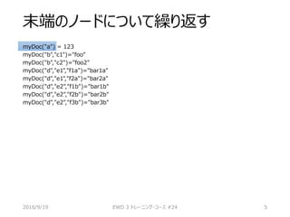 末端のノードについて繰り返す
myDoc("a") = 123
myDoc("b","c1")="foo"
myDoc("b","c2")="foo2"
myDoc("d","e1","f1a")="bar1a"
myDoc("d","e1","f2a")="bar2a"
myDoc("d","e2","f1b")="bar1b"
myDoc("d","e2","f2b")="bar2b"
myDoc("d","e2","f3b")="bar3b"
2016/9/19 EWD 3 トレーニング・コース #24 5
 