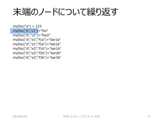末端のノードについて繰り返す
myDoc("a") = 123
myDoc("b","c1")="foo"
myDoc("b","c2")="foo2"
myDoc("d","e1","f1a")="bar1a"
myDoc("d","e1","f2a")="bar2a"
myDoc("d","e2","f1b")="bar1b"
myDoc("d","e2","f2b")="bar2b"
myDoc("d","e2","f3b")="bar3b"
2016/9/19 EWD 3 トレーニング・コース #24 6
 