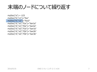 末端のノードについて繰り返す
myDoc("a") = 123
myDoc("b","c1")="foo"
myDoc("b","c2")="foo2"
myDoc("d","e1","f1a")="bar1a"
myDoc("d","e1","f2a")="bar2a"
myDoc("d","e2","f1b")="bar1b"
myDoc("d","e2","f2b")="bar2b"
myDoc("d","e2","f3b")="bar3b"
2016/9/19 EWD 3 トレーニング・コース #24 7
 