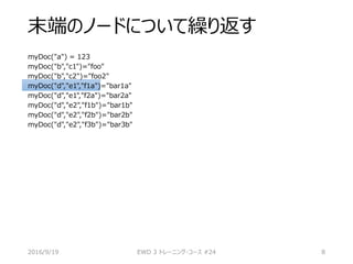 末端のノードについて繰り返す
myDoc("a") = 123
myDoc("b","c1")="foo"
myDoc("b","c2")="foo2"
myDoc("d","e1","f1a")="bar1a"
myDoc("d","e1","f2a")="bar2a"
myDoc("d","e2","f1b")="bar1b"
myDoc("d","e2","f2b")="bar2b"
myDoc("d","e2","f3b")="bar3b"
2016/9/19 EWD 3 トレーニング・コース #24 8
 