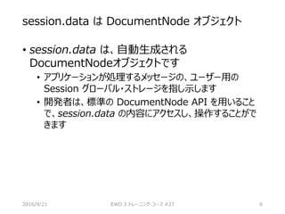 session.data は DocumentNode オブジェクト
• session.data は、自動生成される
DocumentNodeオブジェクトです
• アプリケーションが処理するメッセージの、ユーザー用の
Session グローバル・ストレージを指し示します
• 開発者は、標準の DocumentNode API を用いること
で、session.data の内容にアクセスし、操作することがで
きます
2016/9/21 EWD 3 トレーニング・コース #27 6
 