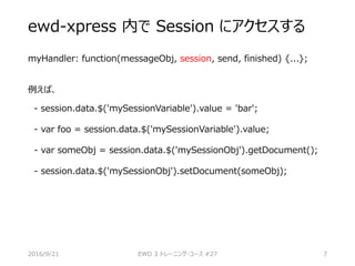ewd-xpress 内で Session にアクセスする
myHandler: function(messageObj, session, send, finished) {...};
例えば、
- session.data.$('mySessionVariable').value = 'bar';
- var foo = session.data.$('mySessionVariable').value;
- var someObj = session.data.$('mySessionObj').getDocument();
- session.data.$('mySessionObj').setDocument(someObj);
2016/9/21 EWD 3 トレーニング・コース #27 7
 