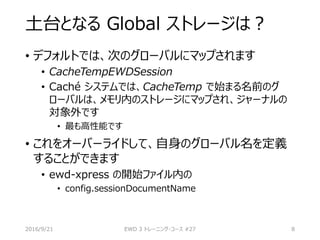 土台となる Global ストレージは？
• デフォルトでは、次のグローバルにマップされます
• CacheTempEWDSession
• Caché システムでは、CacheTemp で始まる名前のグ
ローバルは、メモリ内のストレージにマップされ、ジャーナルの
対象外です
• 最も高性能です
• これをオーバーライドして、自身のグローバル名を定義
することができます
• ewd-xpress の開始ファイル内の
• config.sessionDocumentName
2016/9/21 EWD 3 トレーニング・コース #27 8
 