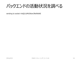 バックエンドの活動状況を調べる
sending to socket #olQ1LbMUIKew3RefAAAE
2016/9/5 EWD 3 トレーニング・コース #6 15
 
