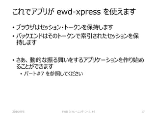 これでアプリが ewd-xpress を使えます
• ブラウザはセッション・トークンを保持します
• バックエンドはそのトークンで索引されたセッションを保
持します
• さあ、動的な振る舞いをするアプリケーションを作り始め
ることができます
• パート#7 を参照してください
2016/9/5 EWD 3 トレーニング・コース #6 17
 