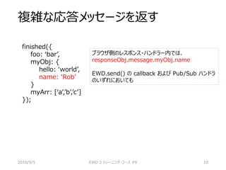 複雑な応答メッセージを返す
finished({
foo: ‘bar’,
myObj: {
hello: ‘world’,
name: ‘Rob’
}
myArr: [‘a’,’b’,’c’]
});
2016/9/5 EWD 3 トレーニング・コース #9 10
ブラウザ側のレスポンス・ハンドラー内では、
responseObj.message.myObj.name
EWD.send() の callback および Pub/Sub ハンドラ
のいずれにおいても
 