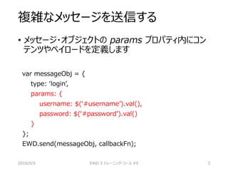 複雑なメッセージを送信する
• メッセージ・オブジェクトの params プロパティ内にコン
テンツやペイロードを定義します
var messageObj = {
type: ‘login’,
params: {
username: $(‘#username’).val(),
password: $(‘#password’).val()
}
};
EWD.send(messageObj, callbackFn);
2016/9/5 EWD 3 トレーニング・コース #9 3
 