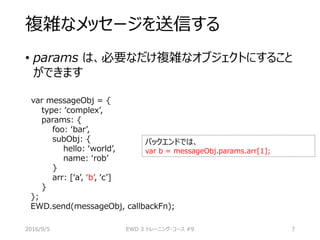 複雑なメッセージを送信する
• params は、必要なだけ複雑なオブジェクトにすること
ができます
var messageObj = {
type: ‘complex’,
params: {
foo: ‘bar’,
subObj: {
hello: ‘world’,
name: ‘rob’
}
arr: [‘a’, ‘b’, ‘c’]
}
};
EWD.send(messageObj, callbackFn);
2016/9/5 EWD 3 トレーニング・コース #9 7
バックエンドでは、
var b = messageObj.params.arr[1];
 