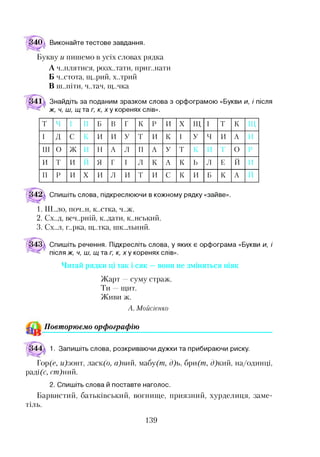 ■40.і Виконайте тестове завдання.
Букву и пишемо в усіх словах рядка
А Ч..ПЛЯТИСЯ, розх..тати, приг..нати
Б ч..стота, щ..рий, х..трий
В ш..піти, ч..тач, щ..чка
Знайдіть за поданим зразком слова з орфограмою «Букви и, і після
ж, ч, ш, щ таг, к, х у коренях слів».
т ч І п Б в г к р и X щ I т к Щ
І д с к и и У т и к I У ч и А И
ш о м у *
/ I V и н А л п А У т к и т О р
и т и й я г І л к А к ь л Е й и
п р и X и л и т и с к и Б к А й
Спишіть слова, підкреслюючи в кожному рядку «зайве».
1. Ш..ло, поч..н, к..стка, ч..ж.
2. Сх..д, веч..рній, к..дати, к..нський.
3. Сх..л, г..рка, щ..тка, шк..льний.
Спишіть речення. Підкресліть слова, у яких є орфограма «Букви и, і
після ж, ч, ш, щ таг, к, х у коренях слів».
Читай рядки ці так і сяк —вони не зміняться ніяк
Жарт —суму страж.
Ти щит.
Живи ж.
А. Мойсіенко
Повторюємо орфографію12
1. Запишіть слова, розкриваючи дужки та прибираючи риску.
Гор(с, и)зонт, ласк(о, а)л, мабу(т, д)ъ, бри(т, Э)кий, на/одинці,
радіус, ст)11 ий.
2. Спишіть слова й поставте наголос.
Барвистий, батьківський, вогнище, приязний, хурделиця, заме­
тіль.
139
 