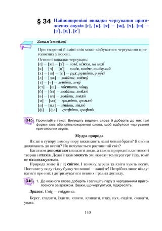 § 3 4 Найпоширеніші випадки чергування приго­
лосних звуків [Г], [К], [х] - [ж ], [ч], [ш] -
[зі, [Ц], [с ]
Запам ’ятаймо!
При творенні й зміні слів може відбуватися чергування при­
голосних у корені.
Основні випадки чергувань:
[г] [ж] [з'] нога, ніжка, на нозі
[к] —[ч] —| ц'| —юнак, юначе, юнацький
[х] —[ні] —|с'| —рух, рушати, у русі
[д] —[дж] —ходити, ходжу
[т] —[ч] —летіти, лечу
[ст] —[щ] —чистити, чищу
[б] —[бл] —любити, люблю
[в] —[вл] —ловити, ловлю
[м] —[мл] —громити, громлю
[п] —[пл] —ліпити, ліплю
[ф] [фл] —графити, графлю
Прочитайте текст. Випишіть виділені слова й доберіть до них такі
форми слів або спільнокореневі слова, щоб відбулося чергування
приголосних звуків.
Мудра природа
Як же в сувору зимову пору виживають наші менші брати? Як вони
доживають до весни? Як почувається рослинний світ?
Багатьом допомагають вижити люди, а також природні властивості
тварин і птахів. Деякі птахи можуть змінювати температуру тіла, тому
не охолоджуються.
Природа живе й під снігом. І взимку дерева та квіти чують весну.
Поставте у воду гілку бузку чи вишні —зацвіте! Потрібно лише піклу­
ватися про них і дотримуватися певних правил догляду.
34ш 1. До кожного слова доберіть і запишіть пару з чергуванням приго­
лосного за зразком. Звуки, що чергуються, підкресліть.
Зразок. Сніг —сніжинка.
Берег, гладити, їздити, казати, кликати, птах, пух, сидіти, скакати,
увага.
140
 