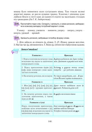 можна було опинитися коло сусідського вікна. Там стояли великі
дерев’яні ящики, де росли кущики троянд. Хлопчик і дівчинка дуже
любили бігати в гості одне до одного й сидіти на маленьких стільцях
під трояндами (За Г. К. Андерсеном).
Прочитайте пари слів. Складіть і запишіть з ними речення, вибираю­
чи в кожному випадку потрібний варіант слова.
Узимку —взимку, умовити —вмовити, уперед —вперед, уперта —
вперта, урожай —врожай.
Запишіть речення, вибравши потрібну форму слова.
1. Діти зайшли до кімнати (у, в)двох. 2. (У, /і)двох завжди веселіше.
3. Настав час (у, в)гомонитися. 4. Вони (у, в )т ішилися бабусиною казкою.
З апам ’ят айм о!
Уживаємо з Приклади
1. Перед голосним на початку слова
незалежно від паузи та закінчення
попереднього слова.
3 одним рибалкою він дуже подру­
жив. Дикт ант з української мови.
2. Перед приголосним (крім |е|.
[ні]), якщо попереднє слово закін­
чується голосним.
Х одит и з плугом тепер немає
потреби — усе роблят ь машини.
3. На початку речення, після паузи. Усе йшло шкереберть, але... 3 при­
їздом Йосипа справи поліпшилися.
Уживаємо із Приклади
1. Між [ж], [ні], |'||, [дж], [з], [сП
[ц], [дз], [дз'] і групами приголос­
них.
Дуж е вчасно надійш ов лист із
Бразилії. Родина- із семи осіб.
2. На початку речення перед спо­
лученням приголосних, а також
перед с або ш .
І з шафи вискочила- кішка.
Уживаємо з і ( з о ) Приклади
Перед сполученням приголосних,
особливо коли початковими є [с],
[з], [ні], [щ], незалежно від паузи та
закінчення попереднього слова.
Бере книж ку з і стола. З і школи на
майдан вибігла дітвора.
Телефон дзвонив разів з о три.
146
 