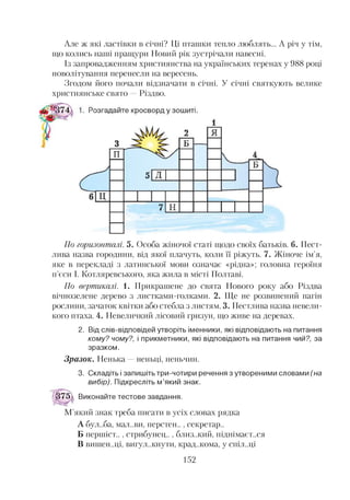 Але ж які ластівки в січні? Ці пташки тепло люблять... А річ у тім,
що колись наші пращури Новий рік зустрічали навесні.
Із запровадженням християнства на українських теренах у 988 році
новолітування перенесли на вересень.
Згодом його почали відзначати в січні. У січні святкують велике
християнське свято Різдво.
По горизонталі. 5. Особа жіночої статі щодо своїх батьків. 6. Пест­
лива назва городини, від якої плачуть, коли її ріжуть. 7. Жіноче ім’я,
яке в перекладі з латинської мови означає «рідна»; головна героїня
п’єси І. Котляревського, яка жила в місті Полтаві.
По вертикалі. 1. Прикрашене до свята Нового року або Різдва
вічнозелене дерево з листками-голками. 2. Ще не розвинений пагін
рослини, зачаток квітки або стебла з листям. 3. Пестлива назва невели­
кого птаха. 4. Невеличкий лісовий гризун, що живе на деревах.
2. Від слів-відповідей утворіть іменники, які відповідають на питання
к о м у ? ч о м у ? , і прикметники, які відповідають на питання ч и й ?, за
зразком.
Зразок. Ненька неньці, неньчин.
3. Складіть і запишіть три-чотири речення з утвореними словами (на
вибір). Підкресліть м’який знак.
375 Виконайте тестове завдання.
М’який знак треба писати в усіх словах рядка
А бул..ба, мал..ви, перстен.., секретар..
Б першіст.. , стрибунец.., близький, піднімаєт..ся
В вишєн..ці, вигул..кнути, крад.жома, у спіл.щі
152
 