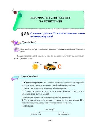 ВІДОМОСТІ ІЗ СИНТАКСИСУ
ТА ПУНКТУАЦІЇ
J — ' __Г— І *-Г - ->—1-І_
§38 Словосполучення. Головне та залежне слово
в словосполученні
Пригадаймо!
Розгадайте ребус і доповніть речення словом-відповіддю. Запишіть
його.
Розділ мовознавчої науки, у якому вивчають будову словосполу­
чень і речень, —це
Запам ’ятаймо!123
1. Словосполучення, як і слово, називає предмет, ознаку або
дію, але така поширена назва точніша й конкретніша.
Наприклад: вишивали хустину, дівоча хустка.
2. Словосполучення складається щонайменше з двох слів
(самостійних частин мови).
Наприклад: вишивали шовком, купив ту хустину.
3. У словосполученні ?е головне слово та залежне слово. Від
головного слова до залежного ставиться питання.
Наприклад:
х Г
орнамент
на чому?
*
на хустках
 