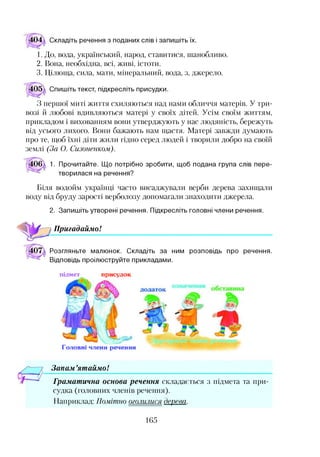 :04л Складіть речення з поданих слів ізапишіть їх.
1. До, вода, український, народ, ставитися, шанобливо.
2. Вона, необхідна, всі, живі, істоти.
3. Цілюща, сила, мати, мінеральний, вода, з, джерело.
Спишіть текст, підкресліть присудки.
З першої миті життя схиляються над нами обличчя матерів. У три­
возі й любові вдивляються матері у своїх дітей. Усім своїм життям,
прикладом і вихованням вони утверджують у нас людяність, бережуть
від усього лихого. Вони бажають нам щастя. Матері завжди думають
про те, щоб їхні діти жили гідно серед людей і творили добро на своїй
землі (За О. Сизоненком).
1. Прочитайте. Що потрібно зробити, щоб подана група слів пере­
творилася на речення?
Біля водойм українці часто висаджували верби дерева захищали
воду від бруду зарості верболозу допомагали знаходити джерела.
2. Запишіть утворені речення. Підкресліть головні члени речення.
Пригадаймо!
Розгляньте малюнок. Складіть за ним розповідь про речення.
Відповідь проілюструйте прикладами.
п ід м ет присудок
Головні члени речення
Запам ’ятаймо!
Граматична основа речення складається з підмета та при­
судка (головних членів речення).
Наприклад: Помітно оголилися дерева.
165
 
