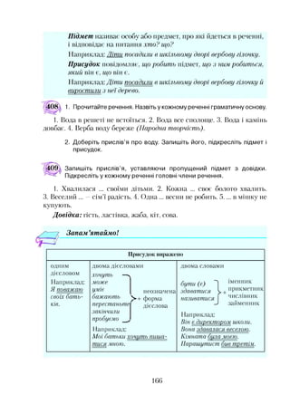 Підмет називає особу або предмет, про які йдеться в реченні,
і відповідає на питання хто? що?
Наприклад: Піти посадили в шкільному дворі вербову гілочку.
Присудок повідомляє, що робить підмет, що з ним. робиться,
який він є, що він;і.
Наприклад: Діти посадили в шкільному дворі вербову гілочку й
виростили з неї дерево.
1. Прочитайте речення. Назвіть у кожному реченні граматичну основу.
1. Вода в решеті не встоїться. 2. Вода все сполоще. 3. Вода і камінь
довбає. 4. Верба воду береже (Народна творчість).
2. Доберіть прислів’я про воду. Запишіть його, підкресліть підмет і
присудок.
Запишіть прислів’я, уставляючи пропущений підмет з довідки.
Підкресліть у кожному реченні головні члени речення.
1. Хвалилася ... своїми дітьми. 2. Кожна ... своє болото хвалить.
3. Веселий ... —сім’ї радість. 4. Одна ... весни не робить. 5.... в мітттку не
купують.
Довідка: гість, ластівка, жаба, кіт, сова.
Запам ’ятаймо!
Присудок виражено
одним
дієсловом
Наприклад:
Я поваж аю
своїх бат ь­
ків.
двома дієсловами
хочут ь —ч
мож е
Ум іе неозначена
баж аю ть Ч.+ форма
перест аньт е дієслова
закінчили
пробуємо _
1Іаприклад:
М о ї бат ьки хочит ь пиш а-
пійся МНОЮ.
двома словами
бут и (є) ~Л іменник
здават ися 1 + прикметник
називат ися  числівник
-) займенник
Наприклад:
В ін є директ ором ш коли.
В она здавалася веселою.
К ім нат а бтла моєю.
П араш ит ист бив третім.
166
 